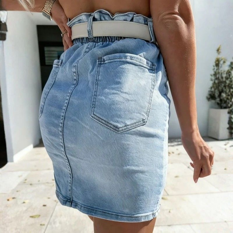 Women’s high waist denim skirt elastic waist bodycon slim fit pencil skirt, back view