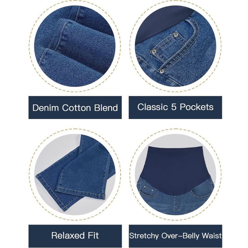 Women's maternity jeans straight leg pants relaxed fit pregnancy denim in navy, details view