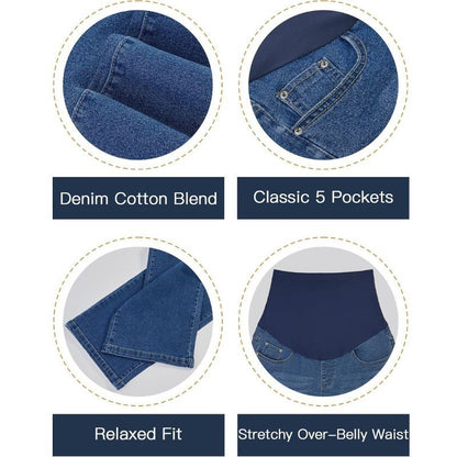 Women's maternity jeans straight leg pants relaxed fit pregnancy denim in navy, details view