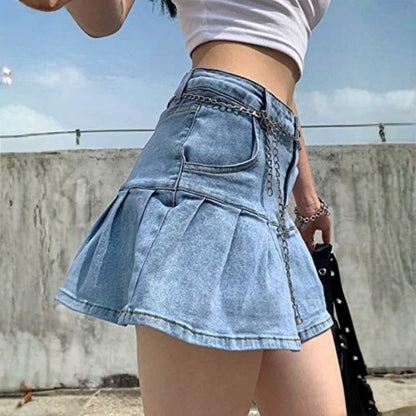 Women’s pleated a-line mini denim skirt in blue, side view
