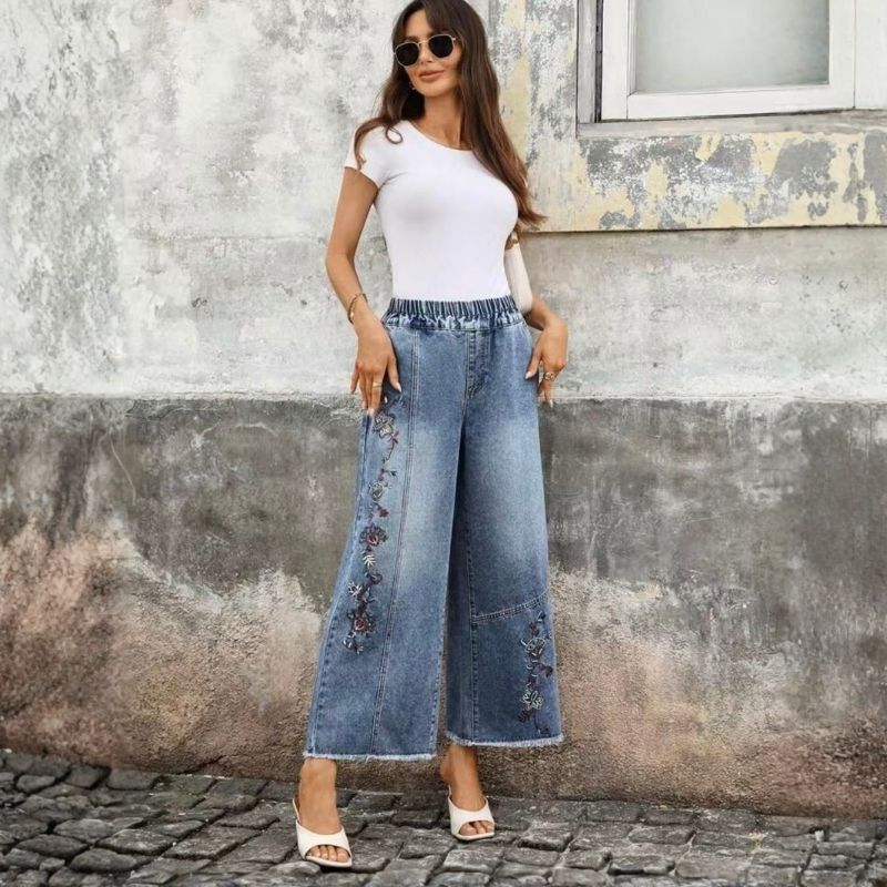 Women's floral embroidered pull on denim wide leg baggy jeans