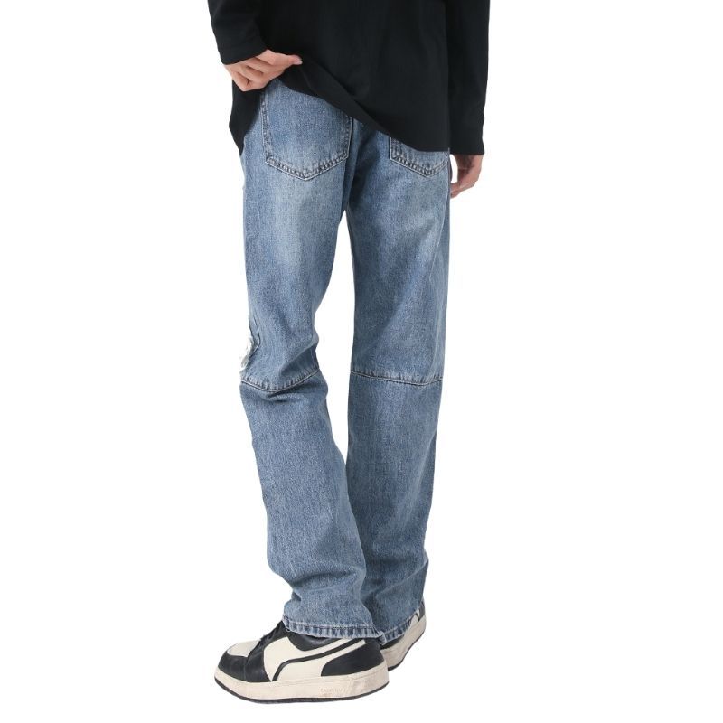 Y2k distressed straight leg ripped jeans for men hip hop streetwear denim in navy, back view