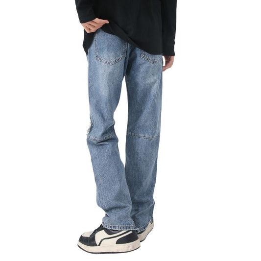 Y2k distressed straight leg ripped jeans for men hip hop streetwear denim in navy, back view