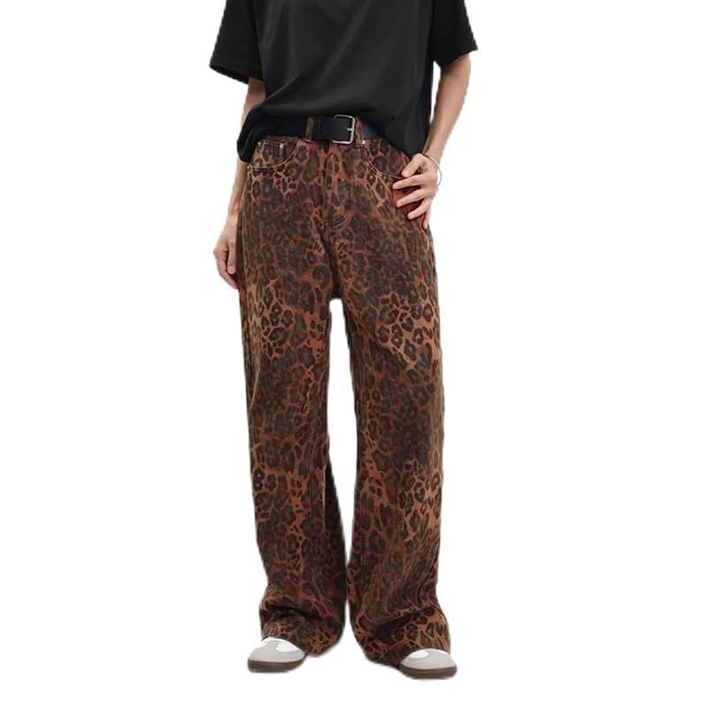 Y2K Leopard Jeans Wide Leg Denim Pants Women Hip Hop Baggy Jeans Trousers red color
