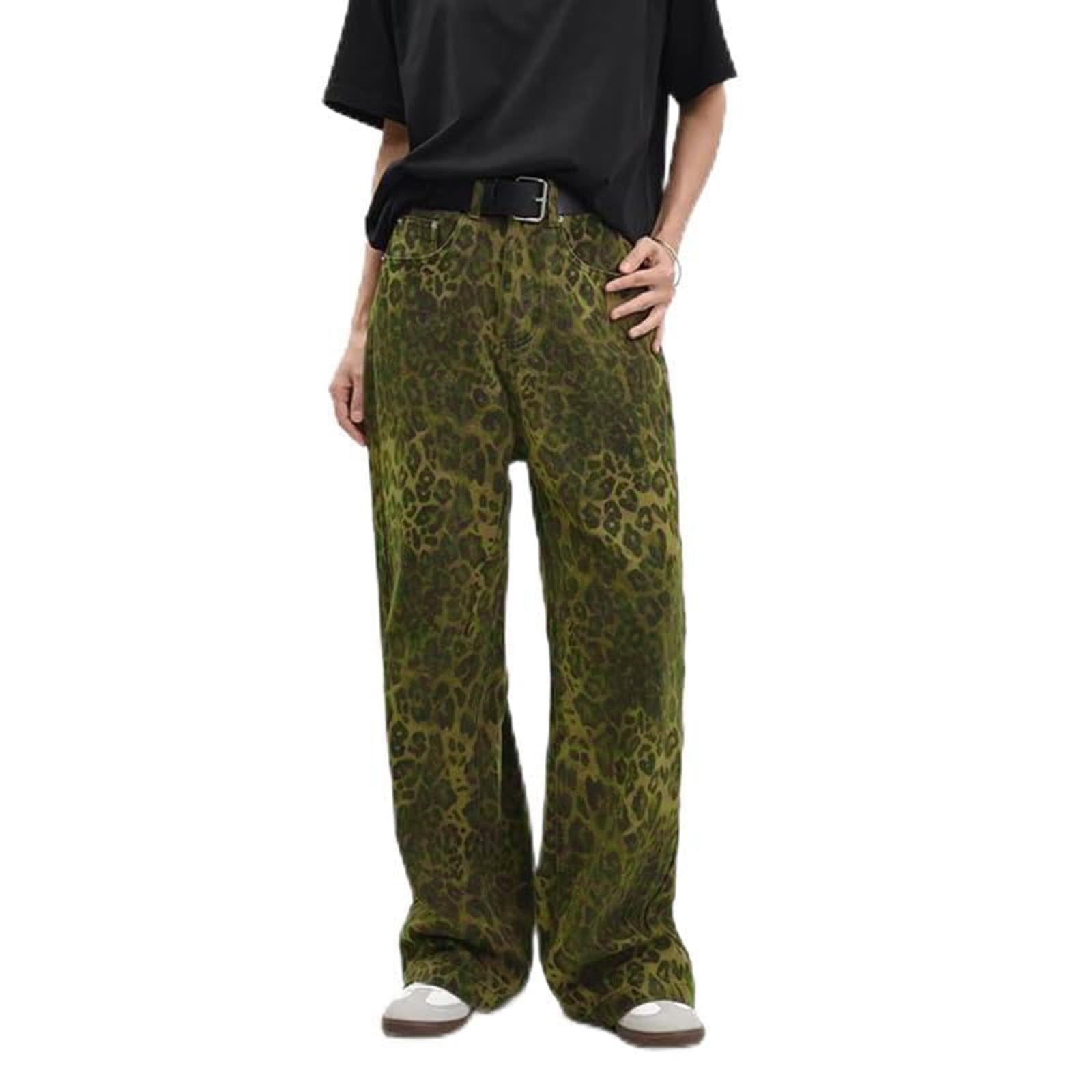 Y2K Leopard Jeans Wide Leg Denim Pants Women Hip Hop Baggy Jeans Trousers green color