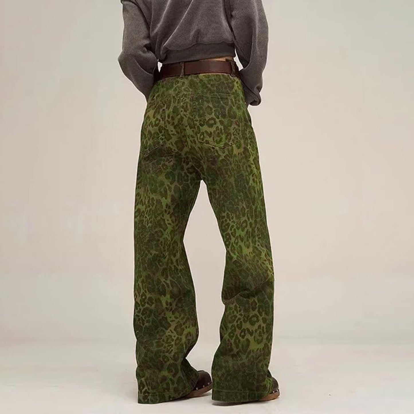 Y2K Leopard Jeans Wide Leg Denim Pants Women Hip Hop Baggy Jeans Trousers green color back view