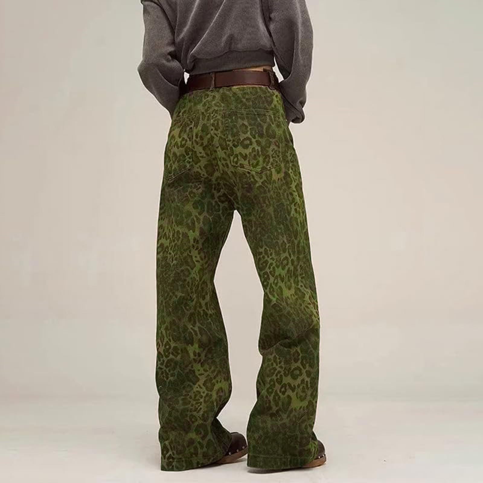 Y2K Leopard Jeans Wide Leg Denim Pants Women Hip Hop Baggy Jeans Trousers green color back view