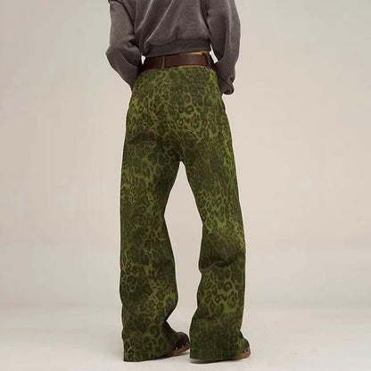 Y2K Leopard Jeans Wide Leg Denim Pants Women Hip Hop Baggy Jeans Trousers green color back view