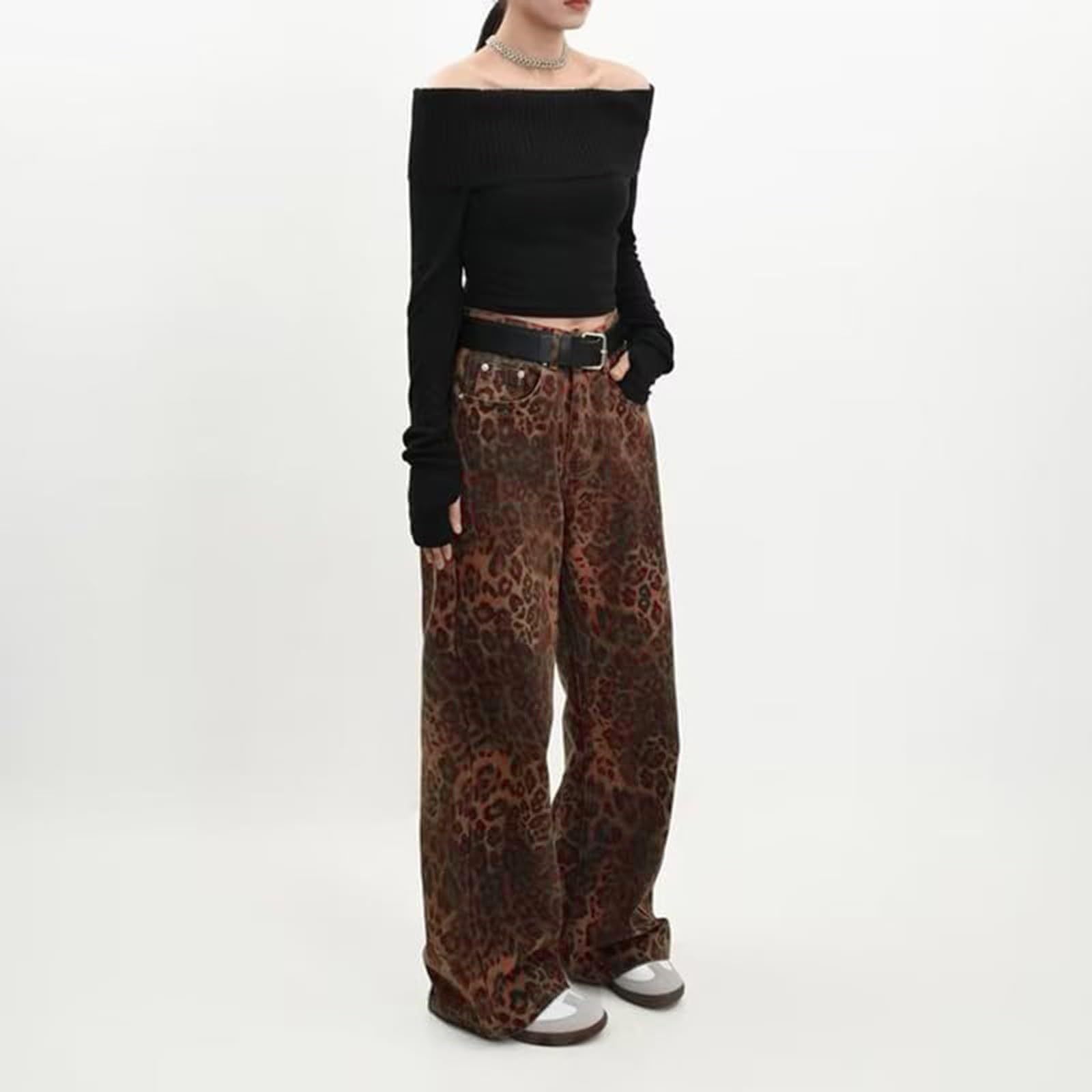 Y2K Leopard Jeans Wide Leg Denim Pants Women Hip Hop Baggy Jeans Trousers red color