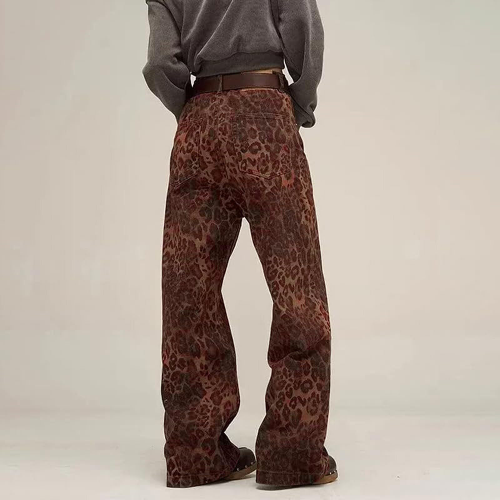 Y2K Leopard Jeans Wide Leg Denim Pants Women Hip Hop Baggy Jeans Trousers red color back view