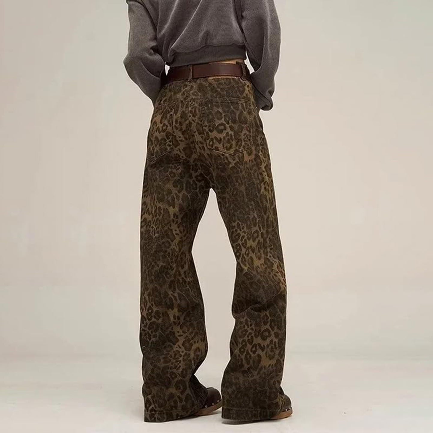 Y2K Leopard Jeans Wide Leg Denim Pants Women Hip Hop Baggy Jeans Trousers back view