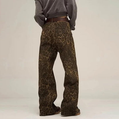 Y2K Leopard Jeans Wide Leg Denim Pants Women Hip Hop Baggy Jeans Trousers back view
