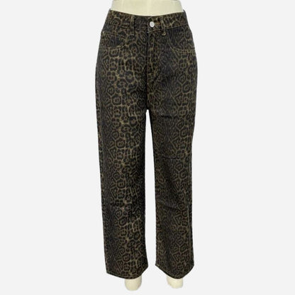 Y2k leopard jeans wide leg denim women hip hop baggy jeans, front view