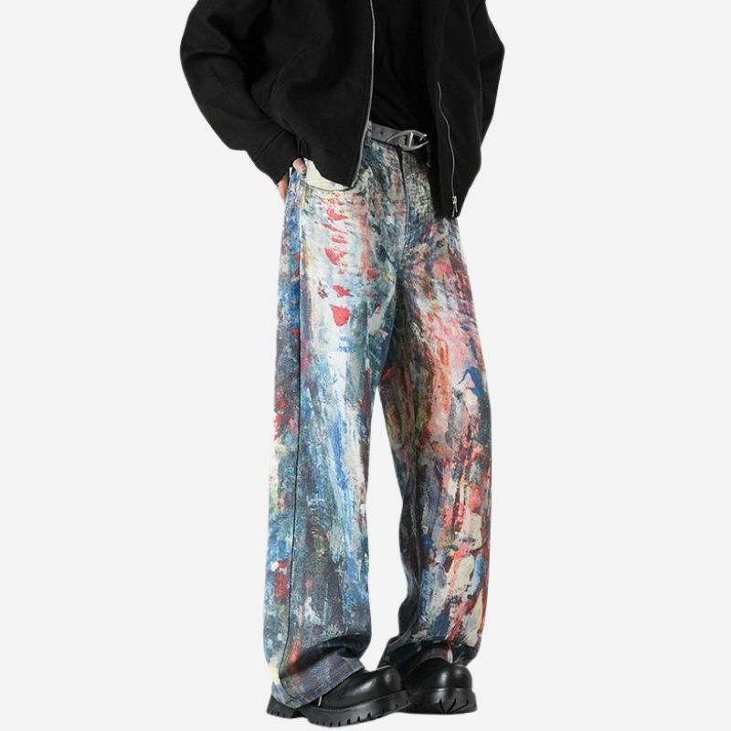 Y2K Men's Graffiti 3D Print Paint Splash Jeans, side view