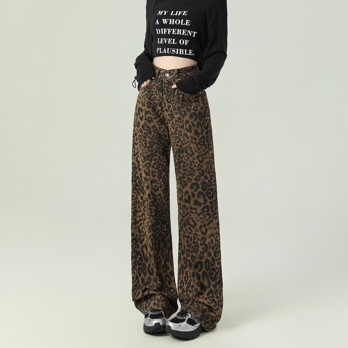 Y2K Leopard Jeans Wide Leg Denim Pants Women Hip Hop Baggy Jeans Trousers
