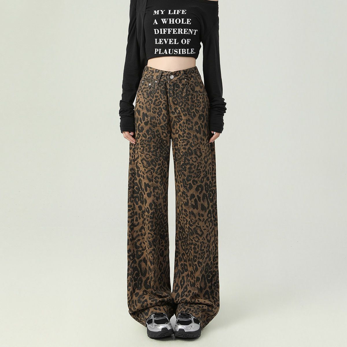 Y2K Leopard Jeans Wide Leg Denim Pants Women Hip Hop Baggy Jeans Trousers