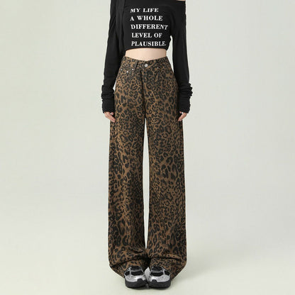 Y2K Leopard Jeans Wide Leg Denim Pants Women Hip Hop Baggy Jeans Trousers