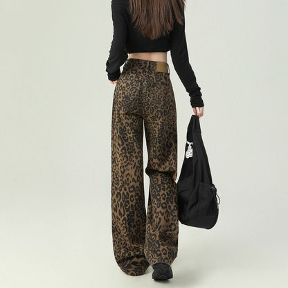 Y2K Leopard Jeans Wide Leg Denim Pants Women Hip Hop Baggy Jeans Trousers with back view