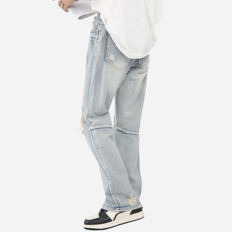 Y2k distressed straight leg ripped jeans for men hip hop streetwear denim in blue, back view