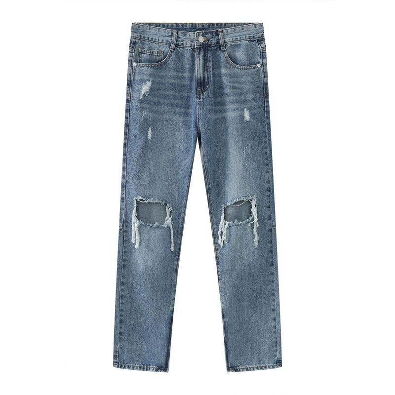 Y2k distressed straight leg ripped jeans for men hip hop streetwear denim in navy, flat lay front