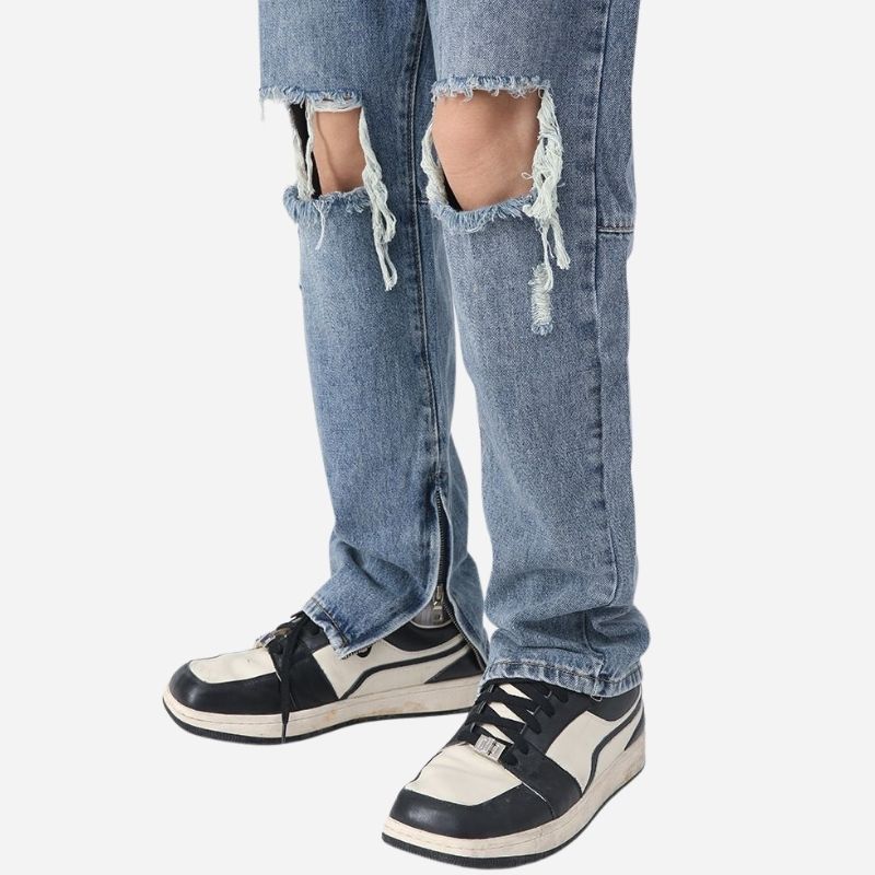 Y2k distressed straight leg ripped jeans for men hip hop streetwear denim in navy, hem details