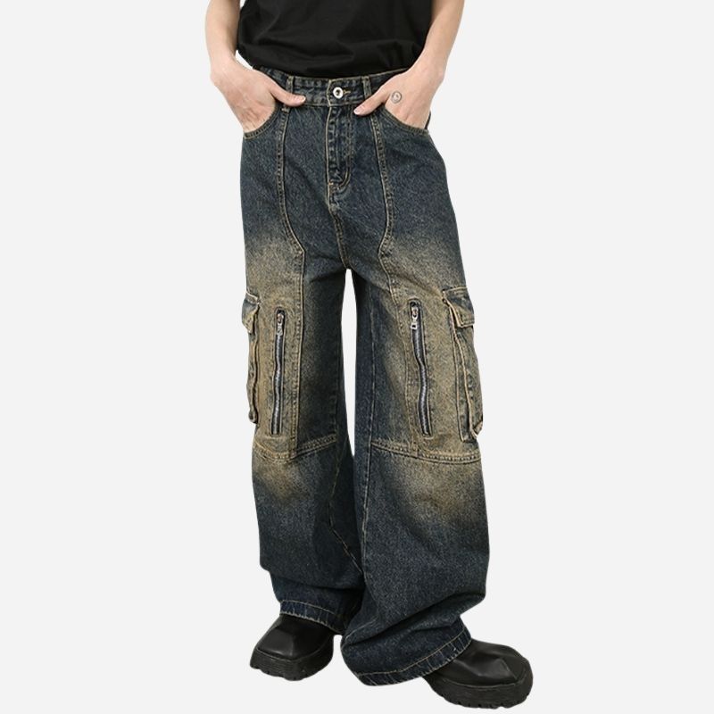 Men’s Multi-Pocket Cargo Jeans Y2K Streetwear Baggy Wide Leg Denim Trousers, front view