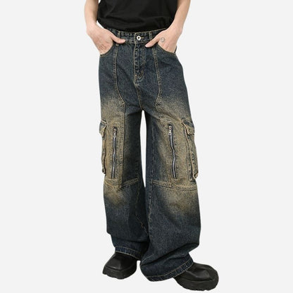 Men’s Multi-Pocket Cargo Jeans Y2K Streetwear Baggy Wide Leg Denim Trousers, front view