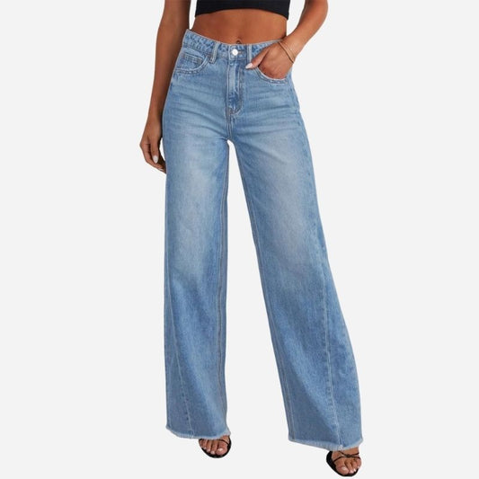 Women's Wide Leg Jeans High Waisted Baggy Raw Hem Denim Palazzo Pants blue color
