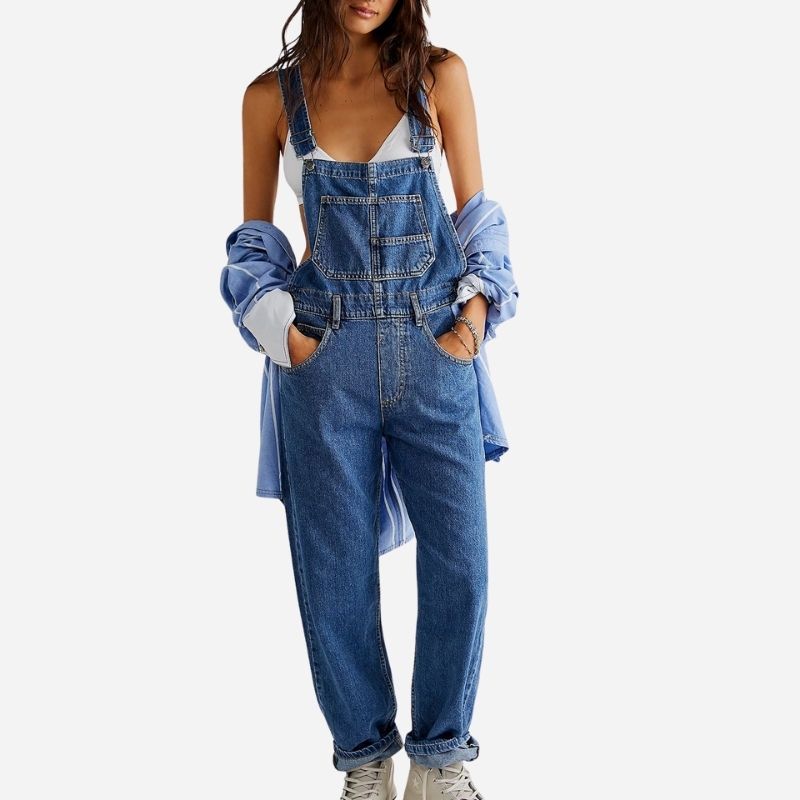 Denim overalls jumpsuit rompers women baggy bib jeans in navy, front view