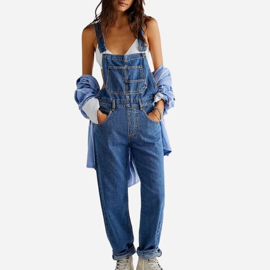 Denim overalls jumpsuit rompers women baggy bib jeans in navy, front view