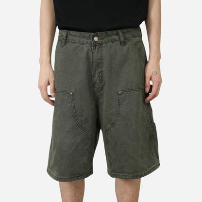 Men’s cargo jeans shorts relaxed fit wide leg carpenter short denim pants in green, front view