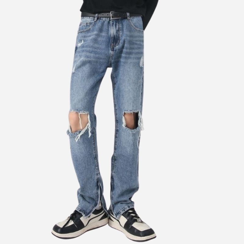 Y2k distressed straight leg ripped jeans for men hip hop streetwear denim in navy, front view