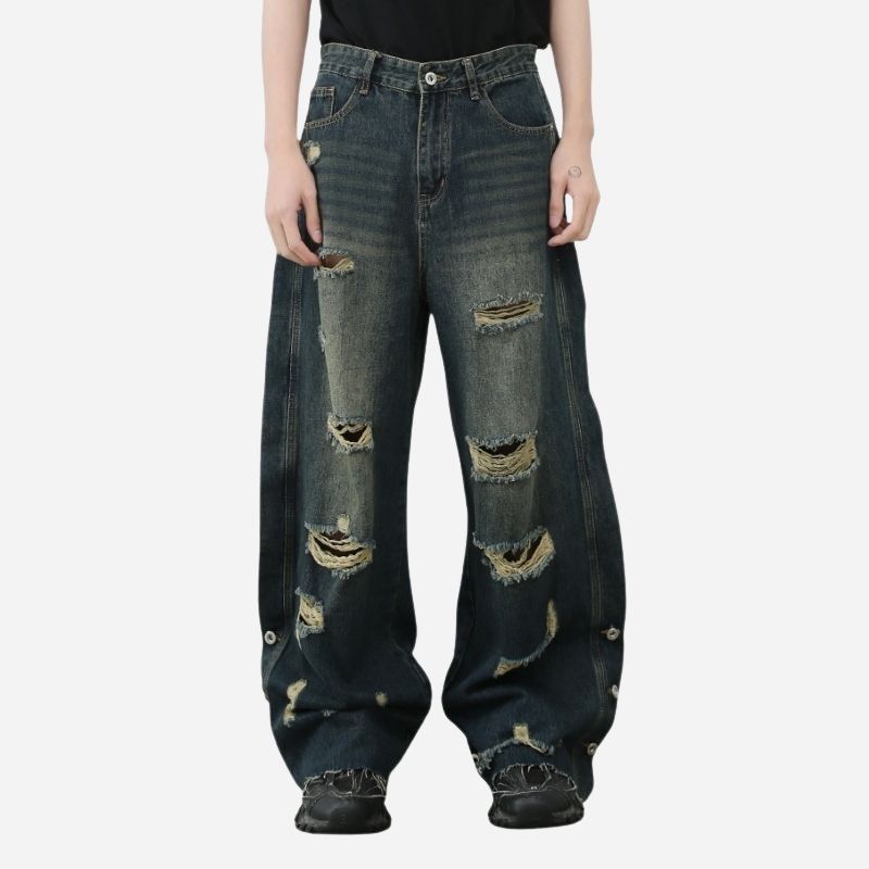 Men's baggy ripped jeans wide leg hip hop loose fit denim y2k streetwear, front view