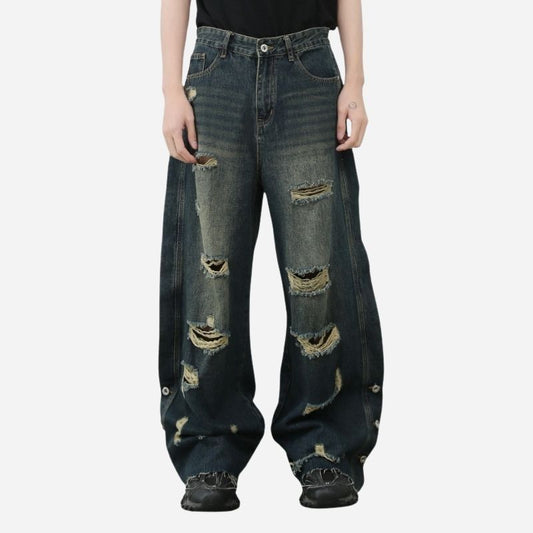Men's baggy ripped jeans wide leg hip hop loose fit denim y2k streetwear, front view