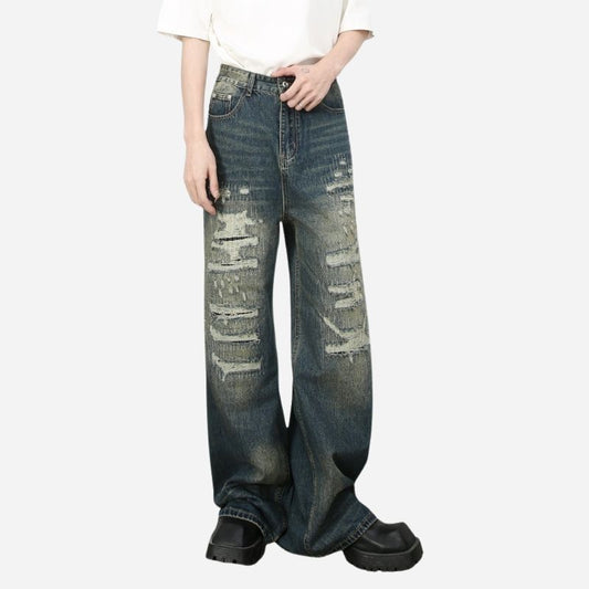 Hip hop baggy jeans for men ripped wide leg loose fit denim pants streetwear in blue, front view