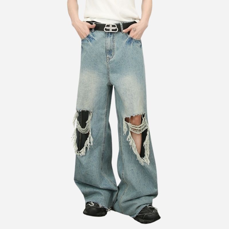 Men's baggy jeans y2k ripped wide leg distressed denim pants hip hop streetwear, front view