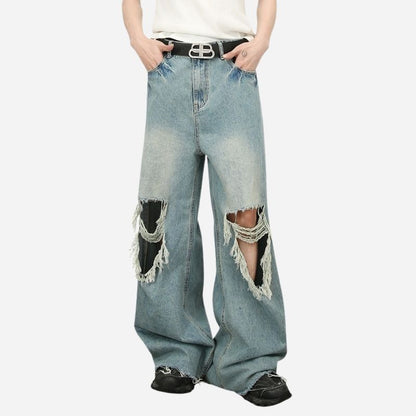 Men's baggy jeans y2k ripped wide leg distressed denim pants hip hop streetwear, front view