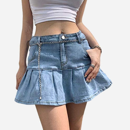 Women’s Pleated A-Line Mini Denim Skirt – Casual Ruffle Jean Skirt Y2K Style