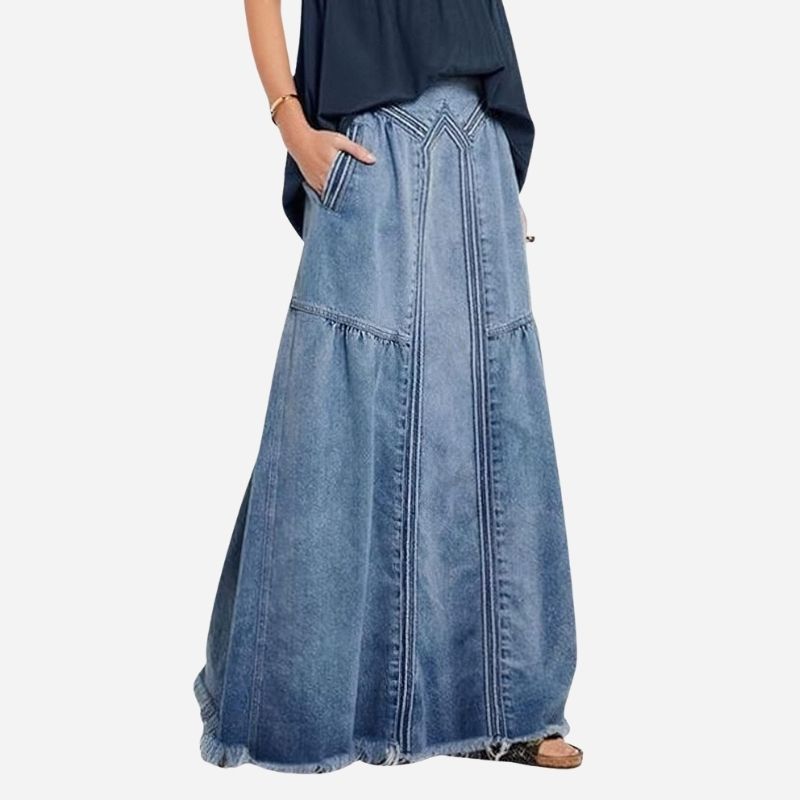 Women’s Retro A-Line Maxi Denim Skirt – Elastic High Waist Jean Skirt with Frayed Hem Blue Color