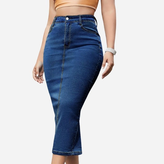 Women's Long Denim Pencil Skirt with Back Slit Bodycon A-line Jean Skirt Navy Color