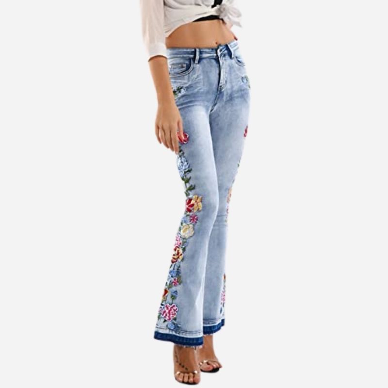 Women's retro floral embroidered flare jeans, front view