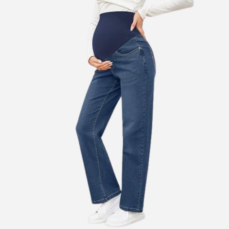Women's maternity jeans straight leg pants relaxed fit pregnancy denim in navy, side view