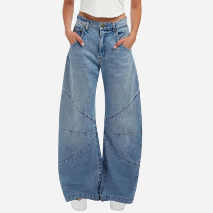Women's High Waisted Baggy Barrel Jeans Boyfriend Wide Leg Denim Pants blue color